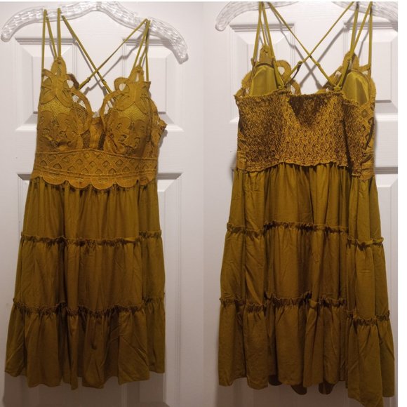 PLUS CROCHET LACE RUFFLE CAMI DRESS - Olive Mustard 1X - Picture 4 of 10